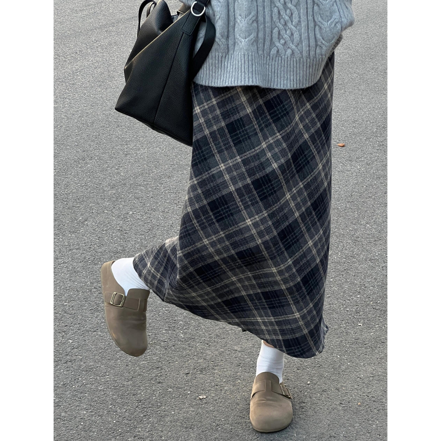 毛呢开叉格子半身裙女a字直筒裙