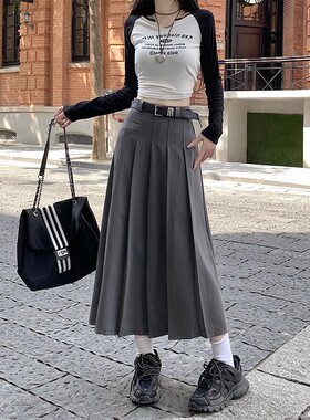 学院风灰色百褶裙女春季韩系百搭中长款高腰显瘦大摆裙A字半身裙
