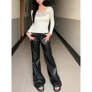 高腰直筒显瘦宽松百搭高级感阔腿休闲长裤 黑色微喇叭PU皮裤 女大码