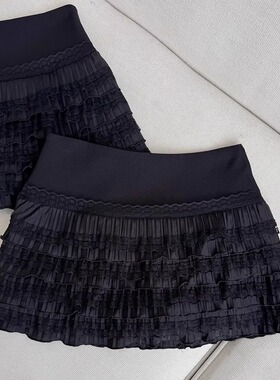 胖mm春季黑色蕾丝花边蛋糕裙女韩系A字百搭短款半身裙自带安全裤