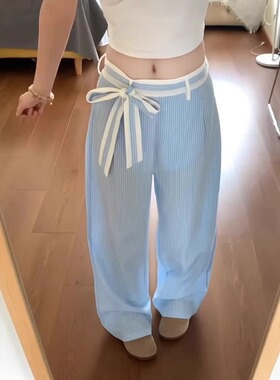 2026气质春季蓝色蕾丝花边休闲裤女胖mm小个子直筒宽松阔腿长裤子