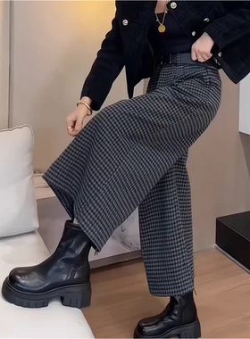 灰色毛呢休闲裤女春季新款大码梨形身材小个子加绒加厚九分阔腿