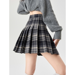 胖mm格子毛呢半身裙女秋冬新款高腰显瘦a字短裙学院风呢子百褶裙