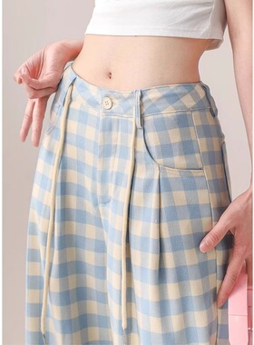 大码胖mm多巴胺蓝色格子长裤女春季垂感直筒休闲裤宽松抽绳阔腿裤