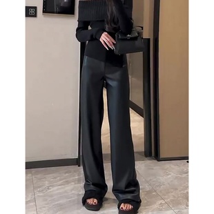 大码黑色pu哑光皮裤加绒窄版阔腿裤女秋冬高级感高腰拖地直筒裤子