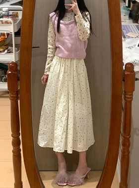 大码胖mm法式白色波点半身裙女春季垂感气质大摆伞裙小个子长裙子