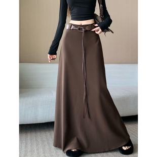微胖mm咖棕色半身裙女春季 设计感高腰显瘦气质垂坠感a字大摆长裙
