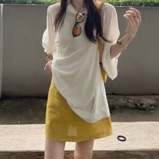 防走光黄色亚麻半身裙女设计感小众高腰A字裙裤大码休闲开叉短裙