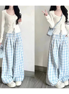 大码蓝色格子阔腿裤女春季高腰垂感休闲直筒显瘦设计感慵懒风裤子