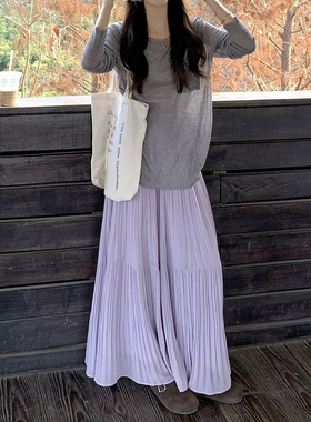 韩系半身裙女春季紫色高腰a字裙蛋糕裙温柔风设计感大摆中长裙子