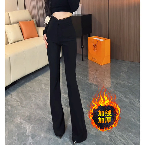 大码蕾丝花边高腰微喇叭裤西装裤