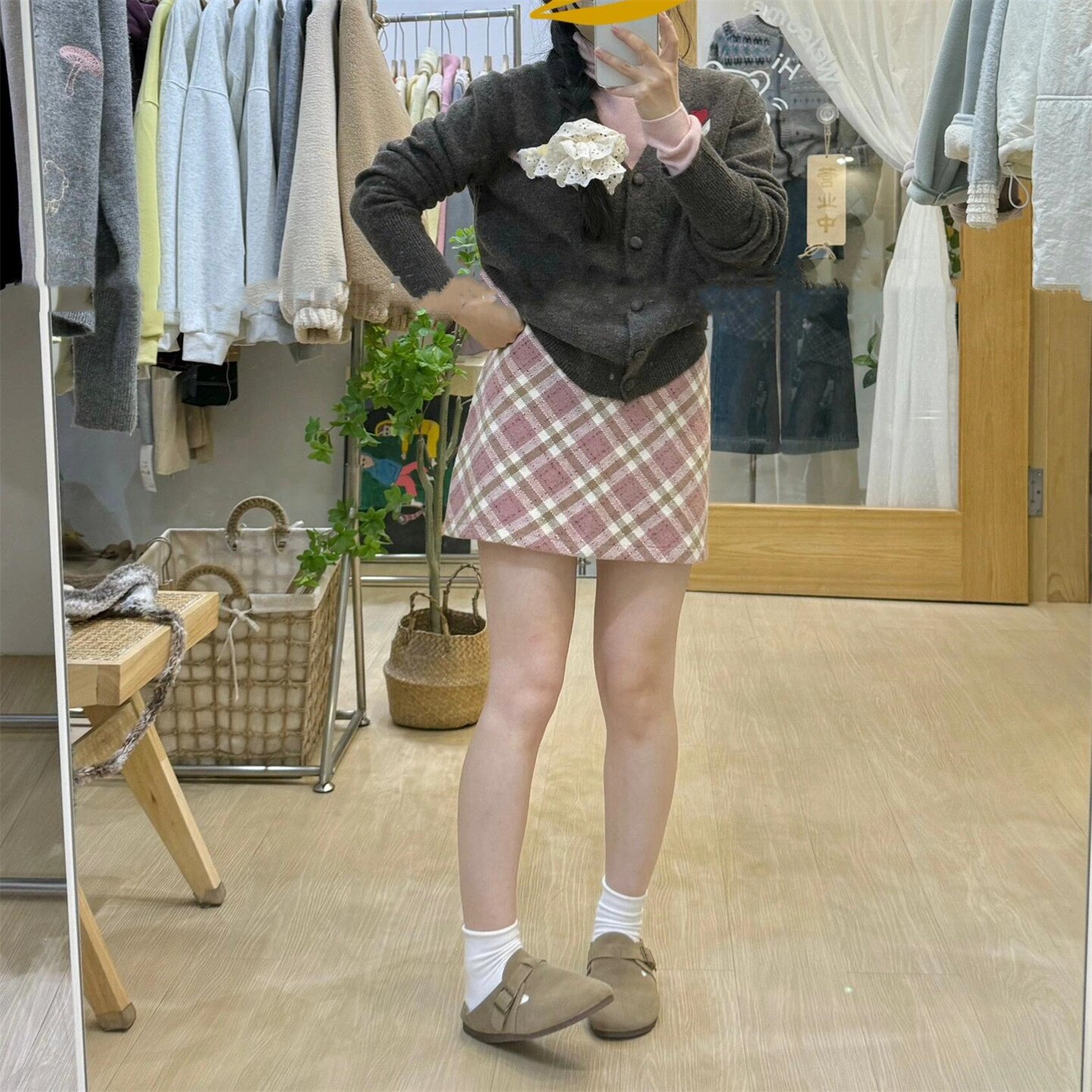 粉色格纹毛呢半身裙女春秋高腰a字包臀裙胖mm显瘦呢子短裙小个子