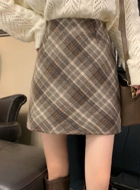 大码复古格子毛呢半身裙冬季新款包臀A字裙子胖mm高腰显瘦短裙女