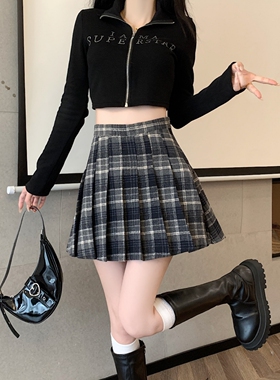 大码胖mm设计感蓝色毛呢百褶裙女春秋新款显瘦高腰包臀a字短裙子