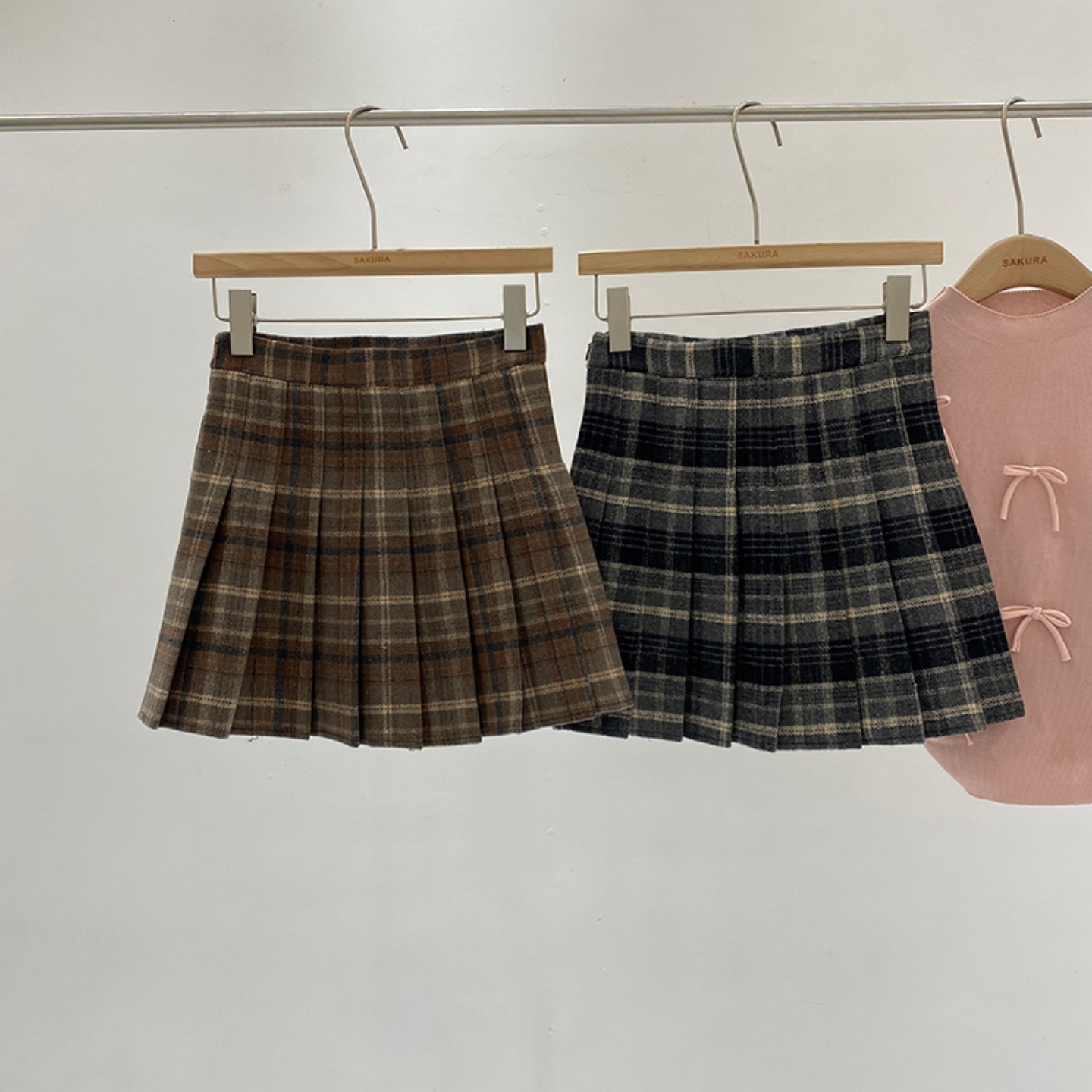 复古格子半身裙女大码呢子百褶裙