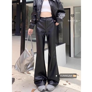 女修身 复古高腰PU皮裤 显瘦微喇叭裤 拖地裤 子潮 春季 休闲直筒裤 美式