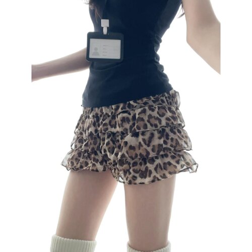 美式咖色豹纹短裙女夏季胖妹妹