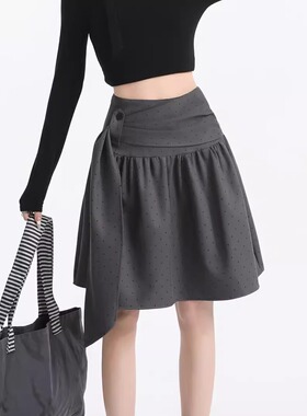 大码灰色波点半身裙女夏季新款设计感防走光中裙高腰显瘦百褶短裙