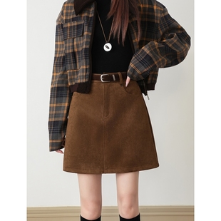 韩版咖色绒短裙女秋冬a字棕色半身裙大码胖mm包臀美拉德麂皮半裙