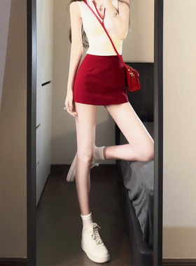 复古红色西装半身裙女微胖mm春季新款辣妹百搭显瘦A字防走光短裙