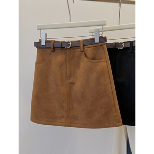 复古棕色麂皮绒半身裙女春季 胖mm口袋包臀裙高腰显瘦a字遮胯短裙