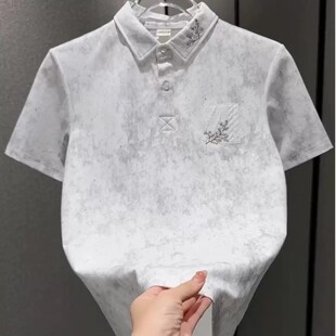 欧货轻奢男士Polo衫潮牌满天星花卉刺绣翻领短袖扎染贴布保罗t恤