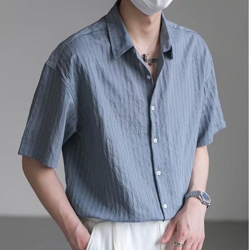 那不勒斯条纹肌理感短袖衬衫男英伦雅痞男装高级感半袖泡泡纱衬衣