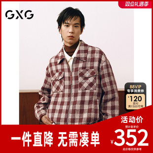 GXG男装 圣诞新年红色小香风棋盘格四合扣绣花夹克外套25年春新品