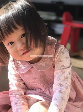 法国原单女童幼童两件套灯芯绒刺绣带扣连衣裙背心裙哈衣裙子两件