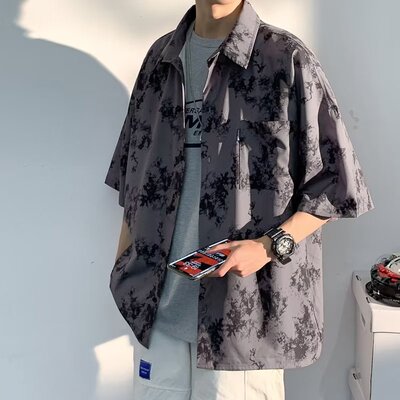 2022夏季水墨扎染短袖衬衫男宽松潮胖子夏季街头复古百搭半袖上衣