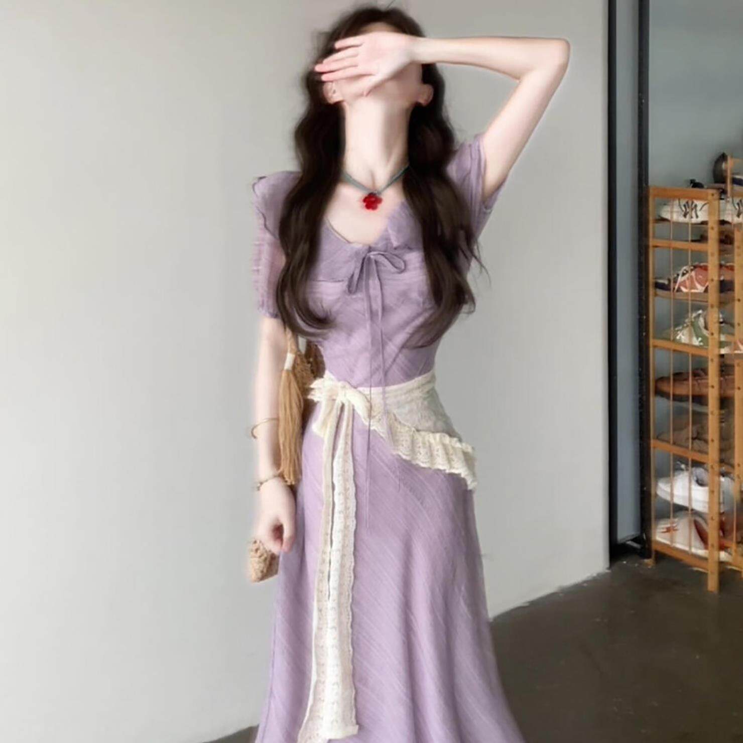 法式紫色洋装女夏小个子