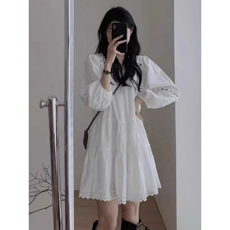 法式白色泡泡袖t衬衫洋装