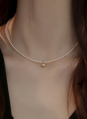 EPUU法式小珍珠纯银爱心毛衣项链