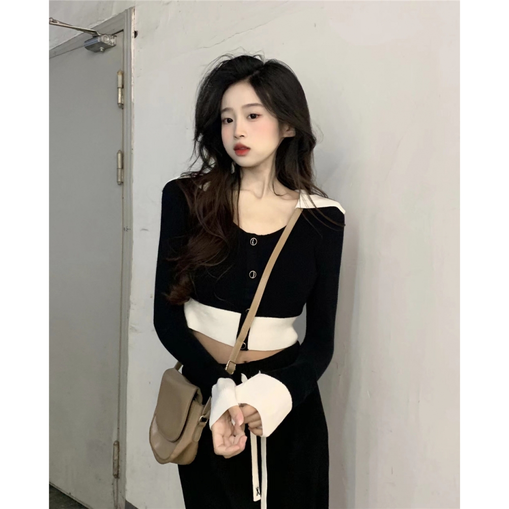 辣妹翻领拼接撞色短款长袖t恤女修身毛衣高腰露脐打底针织衫上衣