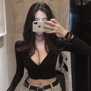 春秋网红主播高腰显瘦紧身性感大露背低胸短款 t恤上衣女T 两穿长袖