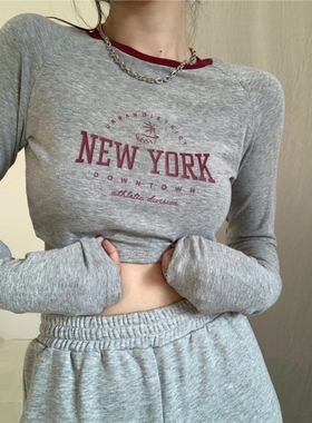 高腰短款露脐长袖灰色T恤女秋季紧身撞色拼接打底衫网红上衣ins修