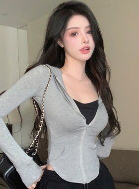 灰色抽绳连帽长袖T恤女夏季纯欲风修身防晒拉链开衫收腰显瘦上衣