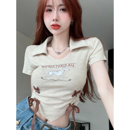 法式polo领女美式辣妹抽绳绑带短款短袖T恤上衣别致独特绝美气质