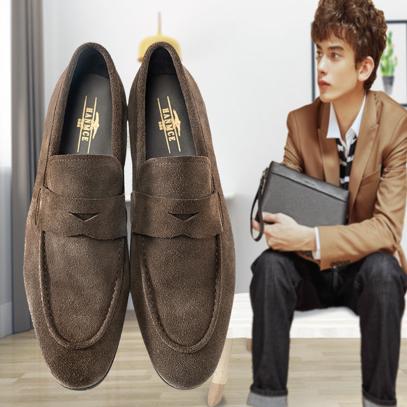 广州汉慕思反绒牛皮商务休闲乐福鞋英伦简约低帮一脚蹬舒适便士鞋