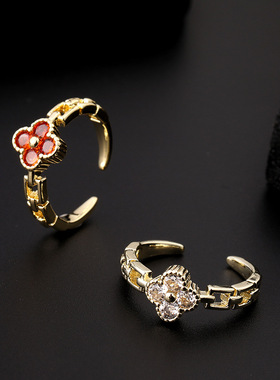 时尚可爱微镶真金彩色红色锆石四叶草戒指幸运草开口指环ins对戒