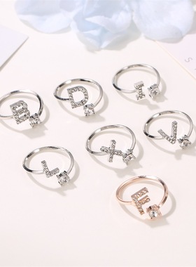 欧美新款创意26字母戒指可调节微镶钻英文A-Z指环跨境饰品批