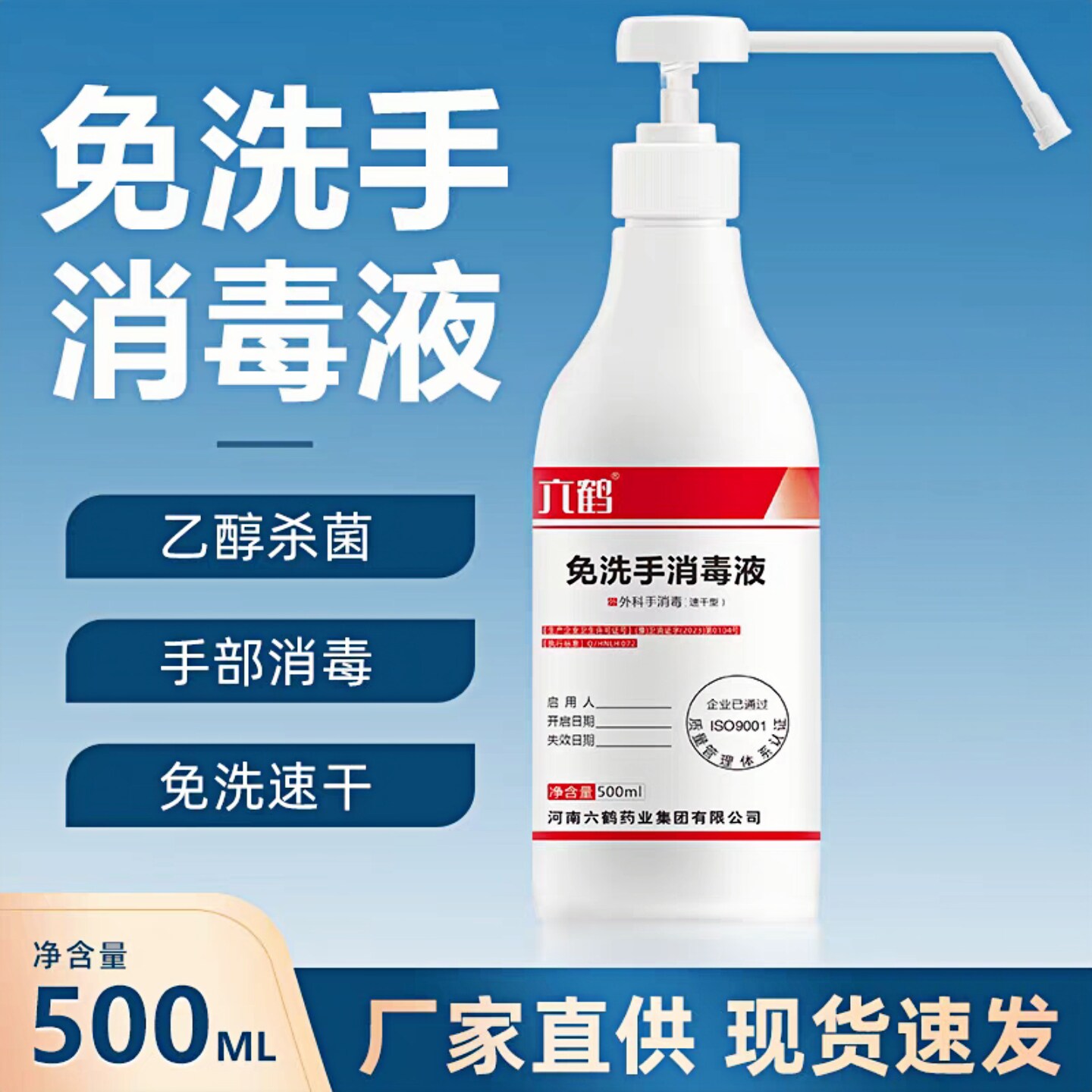 六鹤免洗手消毒液500ml家庭用长泵头速干免洗手含乙醇消毒剂