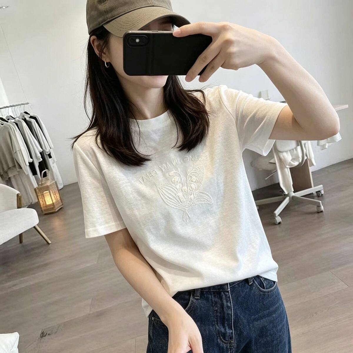 夏季韩系刺绣宽松显瘦短袖T恤女