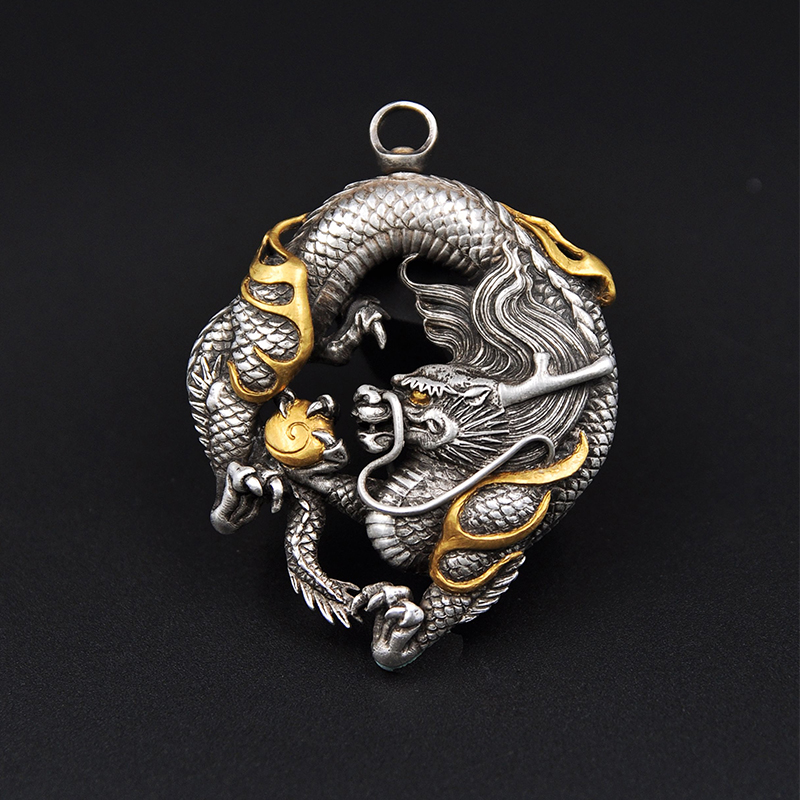 大龙国潮中国风格纯银镶嵌吊坠