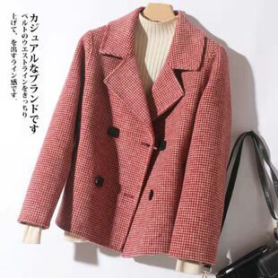 2023秋冬新款双面呢羊毛大衣女西装千鸟格外套小个子复古格子短款