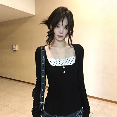 【260克人棉莫代尔】美式辣妹方领蕾丝波点修身假两件打底衫上衣