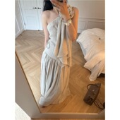 纯色百搭收腰长裙两件套 立体花朵飘带斜肩背心女 正确版 法式