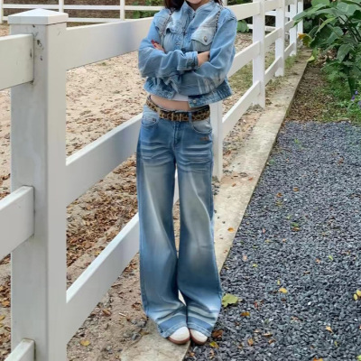 水洗猫须短款牛仔外套阔腿2026牛仔裤时髦休闲套装洋气两件套女
