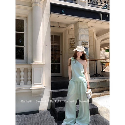 板栗可可Bankelili'绿色亚麻套装女巨好看的夏天两件套阔腿裤套装