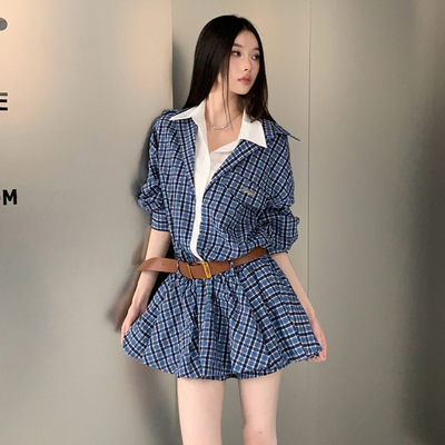 假两件格纹连衣裙女设计感小众赫本风收腰显瘦花苞裙短裙衬衫裙秋